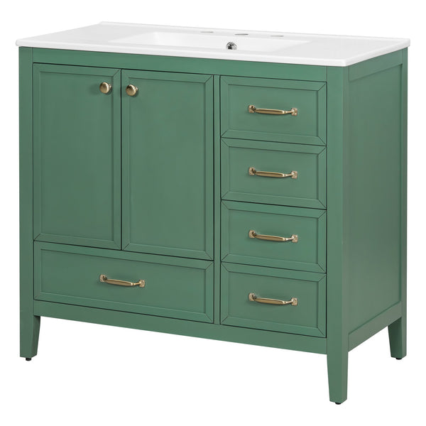 English Elm Christopher Knight Home® - 36" Vintage-inspired Bathroom Vanity with Ceramic Sink, Solid Wood Frame, Soft-Close Drawers, Spacious Storage Green N759P293646F