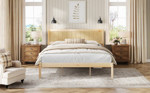 English Elm Platform King Bed Solid Pine Panel Headboard Wood Slat Base Modern Bedroom Frame Natural N709P425341N