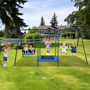 English Elm 4 in 1 Kids Outdoor Swing Set Steel A-frame with Trampoline and Basketball Rim W1408P367265