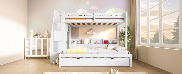 English Elm Twin Over Full Bunk Bed with Stair Drawers Shelves Led Lighting and Usb Port White N7090005013K