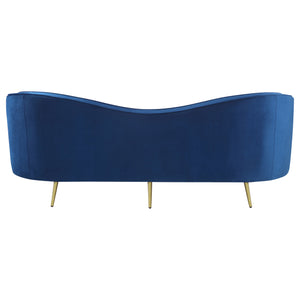 English Elm Marsden Sophia Blue Velvet Recessed Arm Sofa with Inverted Camel Back, Vertical Channels, Gold Legs B062P357811