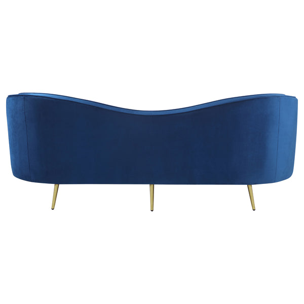 English Elm Marsden Sophia Blue Velvet Recessed Arm Sofa with Inverted Camel Back, Vertical Channels, Gold Legs B062P357811