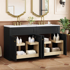 English Elm 60'' Bathroom Vanity Set With Ceramic Sink, Black Freestanding Cabinet, Gold Handles & Soft-Close Doors N710SS00005B
