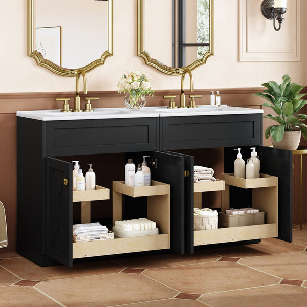 English Elm 60'' Bathroom Vanity Set With Ceramic Sink, Black Freestanding Cabinet, Gold Handles & Soft-Close Doors N710SS00005B