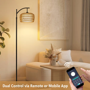 English Elm Arc Rattan Arc Floor Lamp with Remote & Smart LED, Dimmable 3-Color Timer, Adjustable 65–72.8" W2738P400694