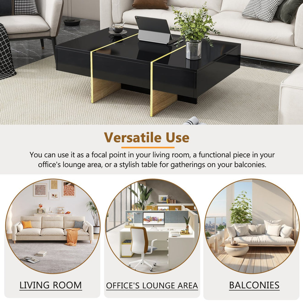 English Elm ON-TREND 47.2" x 31.4" High-Gloss Minimalist Coffee Table with 2 Drawers, Golden Wood-Grain Legs, Modern Centerpiece for Living Room Black N721P180693B
