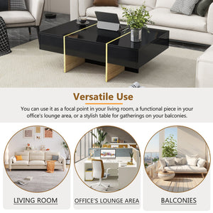 English Elm ON-TREND 47.2" x 31.4" High-Gloss Minimalist Coffee Table with 2 Drawers, Golden Wood-Grain Legs, Modern Centerpiece for Living Room Black N721P180693B