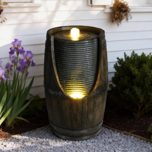 English Elm Outdoor Rustic Barrel Resin Fountain with Led Lights Farmhouse Waterfall Patio Decor Grayish Green W5397P453959