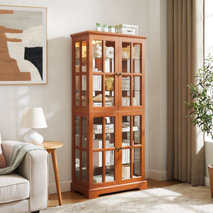 English Elm Curio Dark OAK Glass Cabinet with E26 Bulb, Vintage Lattice Doors, Adjustable Shelves, Sturdy Base W2275P292662