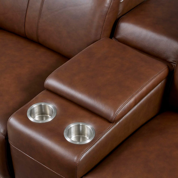 English Elm Leather Match Modular Sectional Power Reclining Sofa with Console and Cup Holders Dark Brown B2748S00035