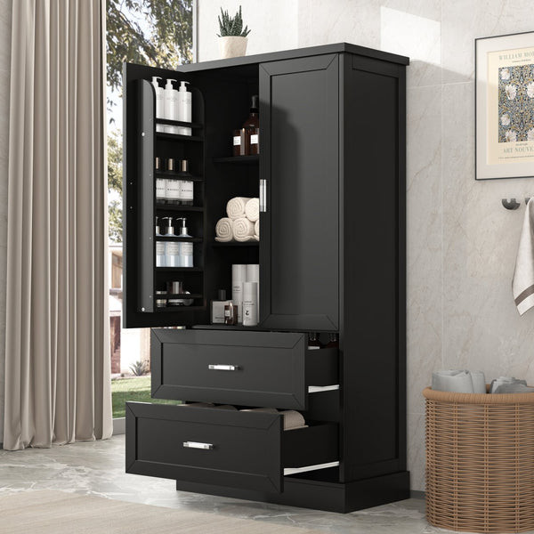 English Elm Tall Bathroom Storage Cabinet with Adjustable Shelves, Two Doors & Drawers, Space-Saving 66" Tall Black N725P178675B