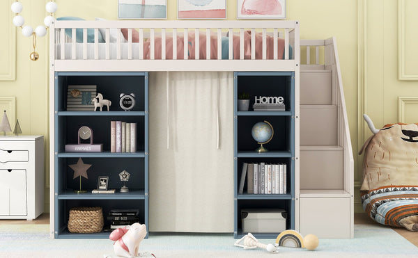 English Elm Full Size Loft Bed With Stylish Storage Cabinets, Privacy Curtain & Multi-Functional Design - White/Blue GX003006AAK