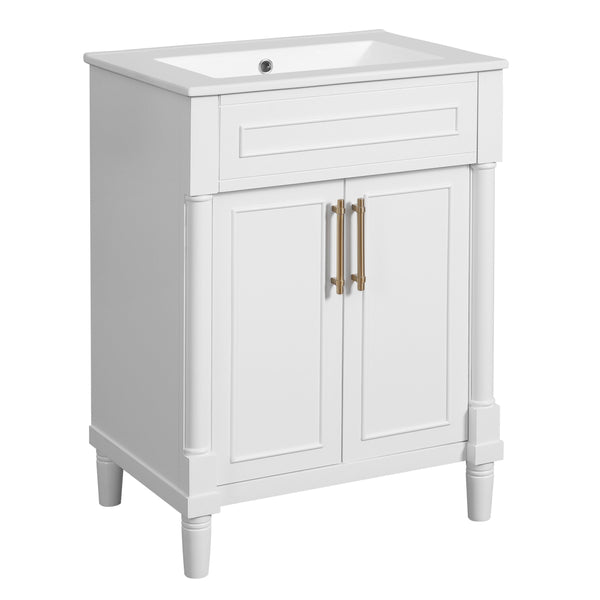 English Elm 24" Bathroom Vanity with Integrated Ceramic Sink and Adjustable Shelf, Vintage Hardware, Space-Saving Design White N710P277711K
