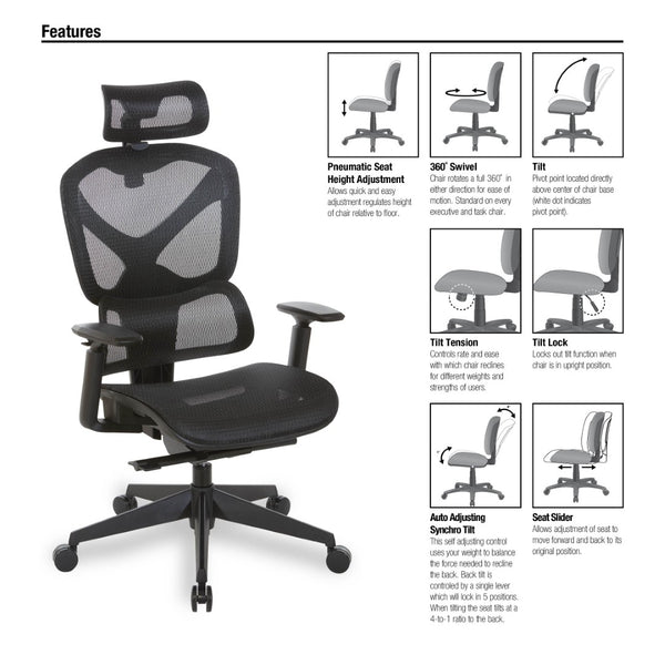 OSP Home Furnishings Mesh Back Ergonomic Manager Chair with Lumbar Support Headrest and Synchro Tilt System 71142MHR-3