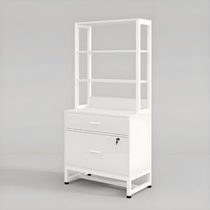 English Elm Ample Steel Office Filing Cabinet with Open Bookcase Shelves and Locking Document Drawers White T3971P448290