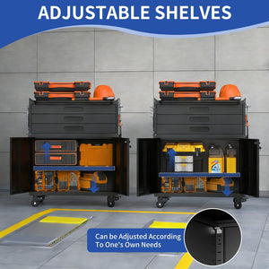 English Elm 34.3" Rolling Steel Tool Cabinet with 3 Drawers Lockable Doors and Pegboard Side Panels T2398P442672