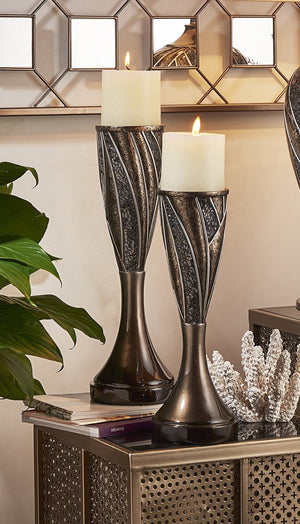 English Elm 12" And 14" Tall Lelei Candleholder Set - Elegant Silvery & Bronze Finish With Votive Candles Included B072116562