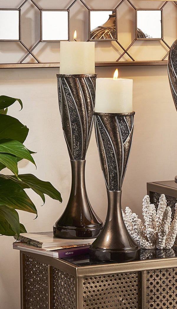 English Elm 12" And 14" Tall Lelei Candleholder Set - Elegant Silvery & Bronze Finish With Votive Candles Included B072116562