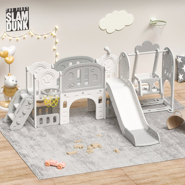 English Elm Toddler Playset 11 in 1 Hdpe Indoor Outdoor Swing Slide Basketball Climbing Set W509P227266