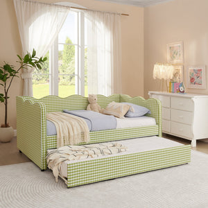 English Elm Cozy Twin Gingham Daybed with Trundle Sofa Bed, Linen Upholstery, USB Port, Wave Frame Design Green W1413S00100