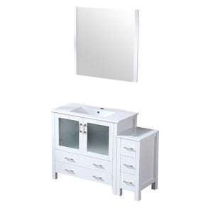 English Elm White Single Bath Vanity 48 in with Side Cabinet, White Ceramic Top, Soft-Close Drawers, Mirror Included B2731S00951