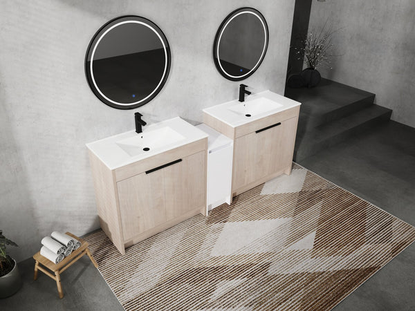English Elm 84 Inch Freestanding Bathroom Vanity with Integrated Resin Sink, Soft-Close Doors, Shelves & Extra Storage Space Glossy White,Plain Light Oak W999S00320