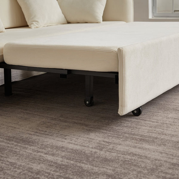 English Elm FX'' 66 Inch Sleeper Sofa Bed 3-in-1 Convertible Pullout Sofa with Plush Corduroy, 4 Pillows, Pockets Beige W1926S00058