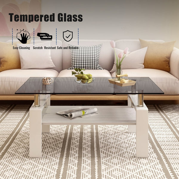 English Elm Rectangle Coffee Table With Gray Tempered Glass Top And Mdf Shelf – Modern Elegance For Living Room W241P181458-GIGA