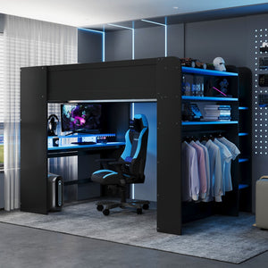 English Elm Full Size Gaming Bunk Bed with Rgb Lighting Integrated Desk Wardrobe and Storage Blue LT100266AAC