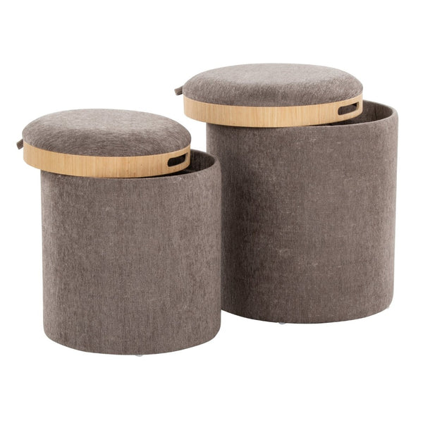 English Elm Tray Contemporary Nesting Ottoman Set – Versatile Brown Fabric & Natural Wood For Stylish Living Spaces B202P223747-GIGA