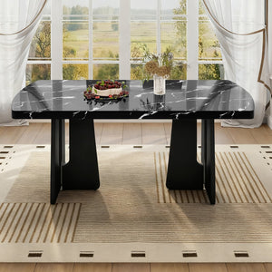 English Elm 63" Modern Faux Marble Dining Table with Geometric Rubberwood Legs, Durable 350lb Capacity, Easy Assembly Black N752P317333B
