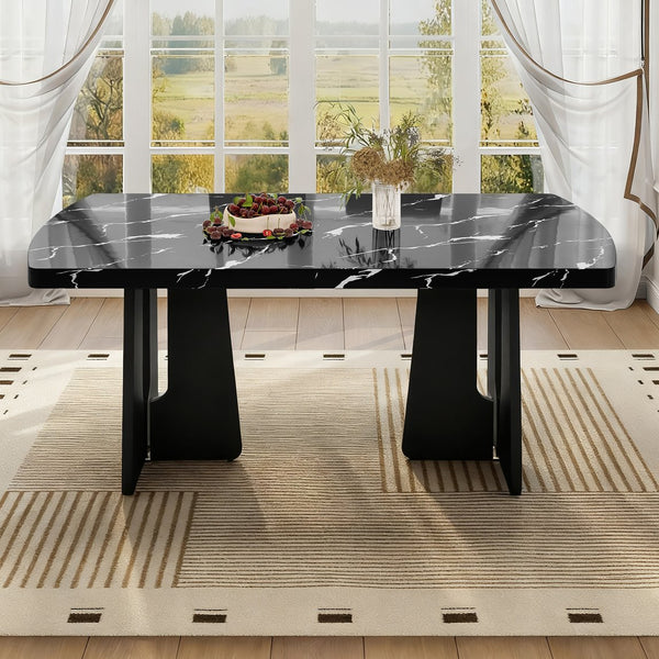 English Elm 63" Modern Faux Marble Dining Table with Geometric Rubberwood Legs, Durable 350lb Capacity, Easy Assembly Black N752P317333B