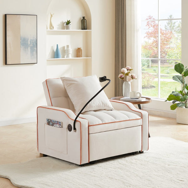 English Elm Sleeper Sofa Chair Velvet Convertible Armchair with Usb Charging for Small Spaces Beige W1359P458682