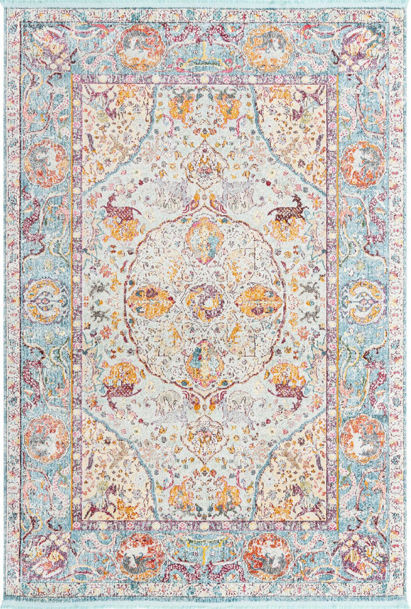 Unique Loom Baracoa Rumba Machine Made Border Rug Light Blue, Cream/Gold/Orange/Purple/Red 7' 1" x 10' 0"