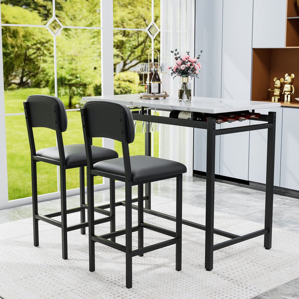 English Elm Kitchen Bar Table Set for 2 with Padded PU Chairs, Rustic Black & Grey 3-Piece High Dining Set, Sturdy Steel Frame, Space-Saving for Apartments W578P150069