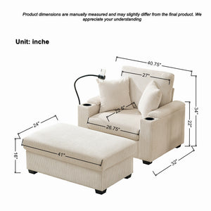 English Elm 55" Oversized Chaise Lounge Chair With Ottoman & Storage - Cozy Corduroy Recliner With Usb Port & Cup Holder W3373P328964