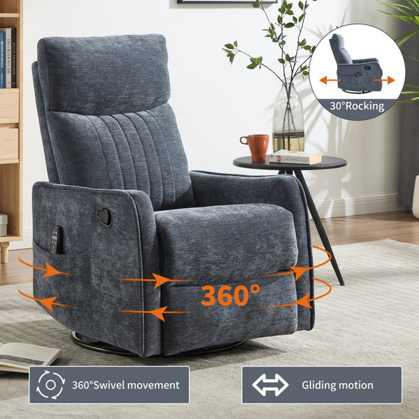 English Elm Blue Fabric Swivel Rocker Recliner with Massage Heat Nodes for Living Room Comfort Blue W1803P321823
