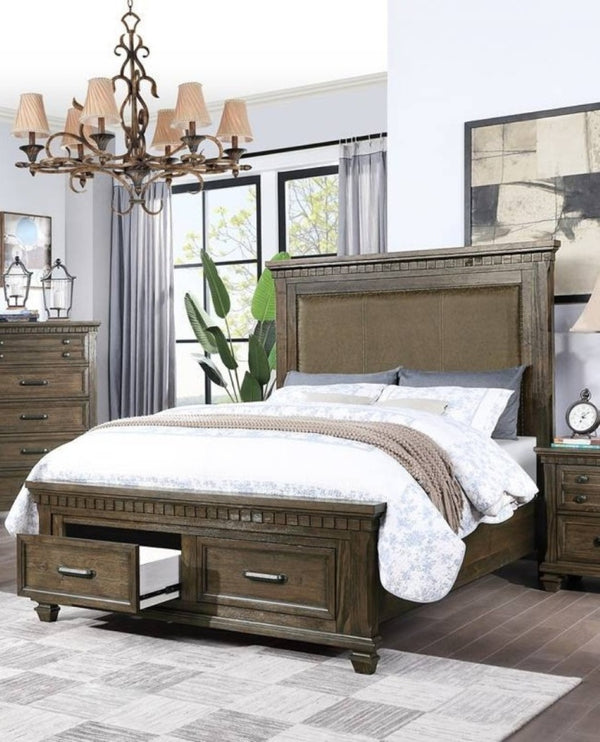 English Elm Traditional Queen Bed Upholstered Headboard Footboard Storage Drawers Dark Brown Wood B011S02124