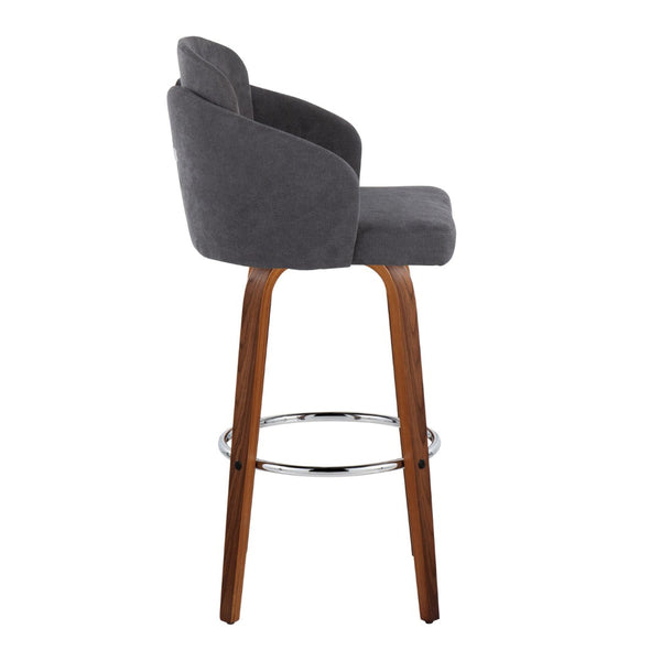 English Elm Fixed-height Mid-century Barstools with Walnut Legs and Grey Upholstered Seats Set B202S01900
