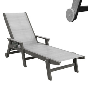 English Elm Lounge Outdoor Hdpe Reclining Chaise with Teslin Fabric Seat Wheels and Cup Holder Grey W1859P494767