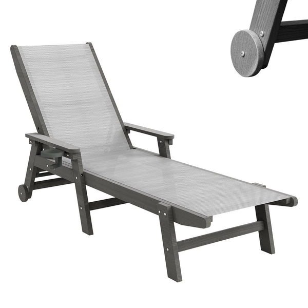 English Elm Lounge Outdoor Hdpe Reclining Chaise with Teslin Fabric Seat Wheels and Cup Holder Grey W1859P494767