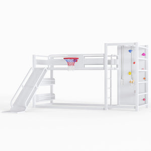 English Elm Twin Metal Loft Bed with Slide Basketball Hoop Climbing Wall and Built-in Shelves White W1580S00633