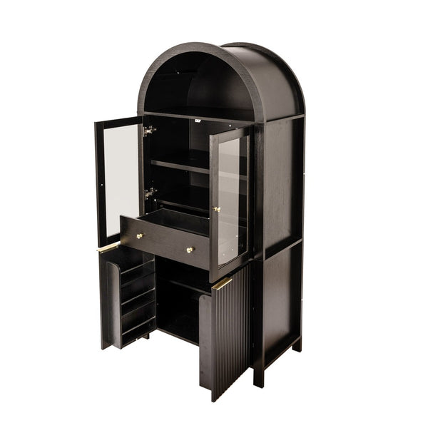 English Elm 71" Arched Glass Barn Door Pantry Cabinet Farmhouse Mdf Storage for Kitchen Dining Black W2917S00014