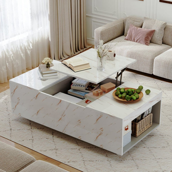 English Elm Coffee Table with Led Lighting Bluetooth Speaker Wireless Charging and Faux Marble Top T3773P415729