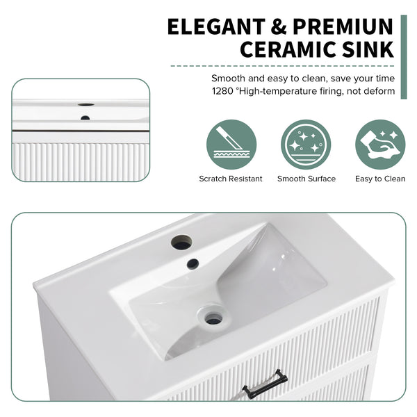 English Elm 30 Inch Bathroom Vanity With Ceramic Sink - Modern Freestanding Storage Cabinet, 2 Drawers, White Finish W1550S00045