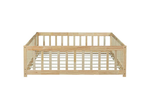 English Elm Full Size Rubber Wood Floor Bed with Surrounding Fence Door and Safety Guardrails W504P370522