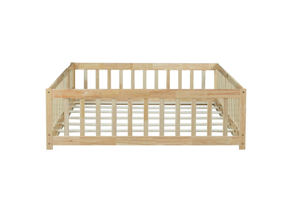 English Elm Full Size Rubber Wood Floor Bed with Surrounding Fence Door and Safety Guardrails W504P370522