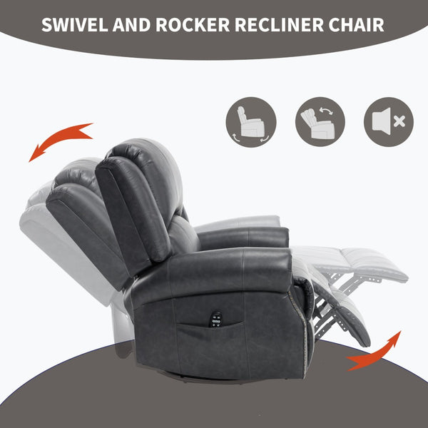 English Elm Heat Massage Rocker Swivel Recliner Chair with Lumbar Relief Nodes for Living Room Grey W3224S00030