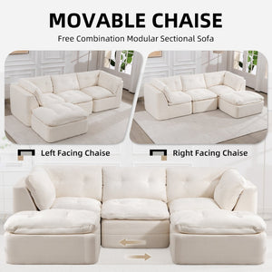 English Elm Modern Chenille Cloud Sectional with Ottoman Deep Sink Modular L Shaped Living Room Sofa Beige+White W2379S00001