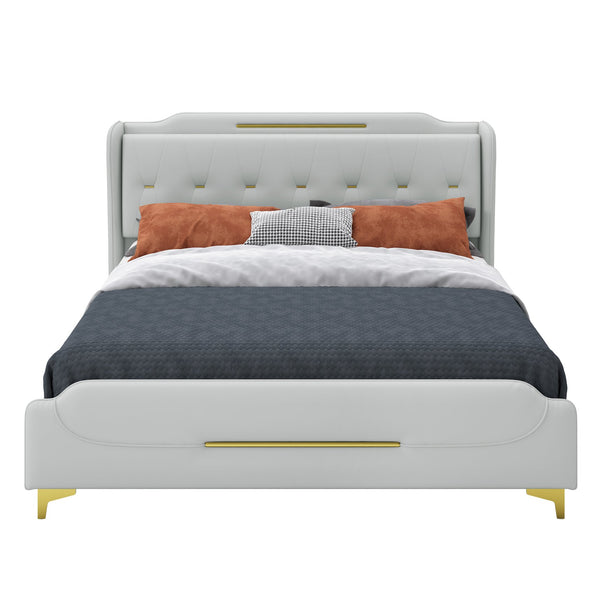 English Elm Christopher Knight Home® - Queen PU Leather Bed with Wingback Headboard & Footboard, Gold Accent Platform, 12 Slats, Sturdy Support Grey 64 L x 21 W x 9.25 H N761P205938H